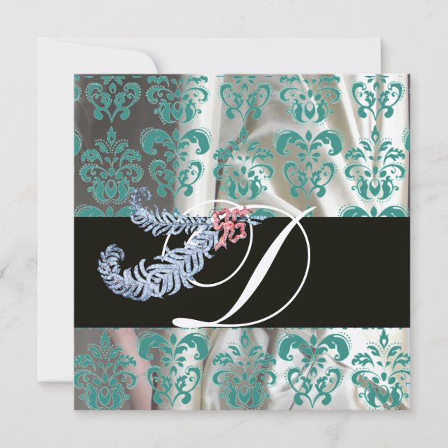 DIAMOND FEATHERS WHITE BLUE SILK DAMASK MONOGRAM EINLADUNG (Vorderseite)