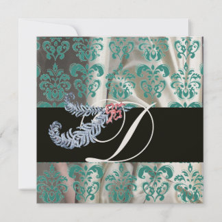 DIAMOND FEATHERS WHITE BLUE SILK DAMASK MONOGRAM EINLADUNG