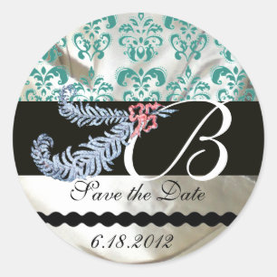 DIAMOND FEATHERS WHITE BLUE SILK DAMASK MONOGRAM RUNDER AUFKLEBER