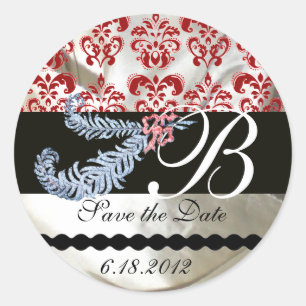 DIAMOND FEATHERS WHITE RED SILK DAMASK MONOGRAM RUNDER AUFKLEBER