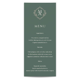 Diamond Floral Evergreen Monogram Wedding Menu Menükarte