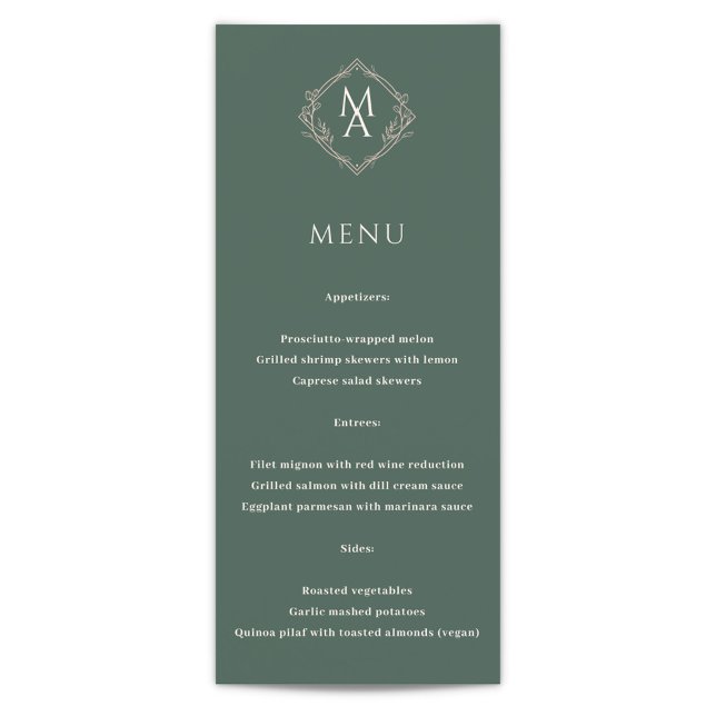 Diamond Floral Evergreen Monogram Wedding Menu Menükarte (Von Creator hochgeladen)