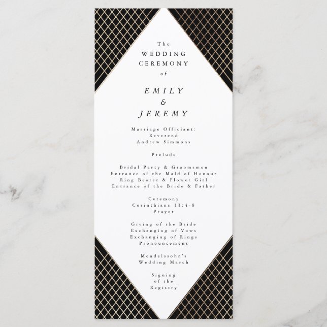 Diamond Geometric Black Gatsby Wedding Programm (Vorderseite)
