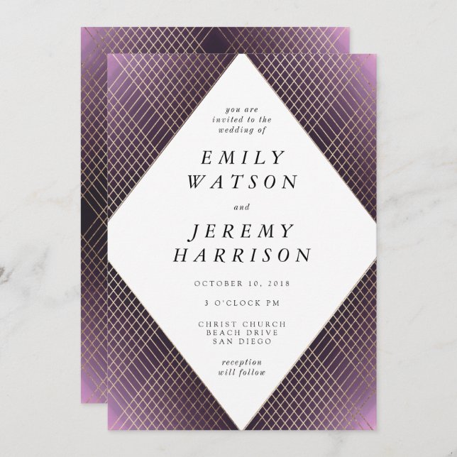 Diamond Geometric Lila Deko Gatsby Wedding Einladung (Vorne/Hinten)