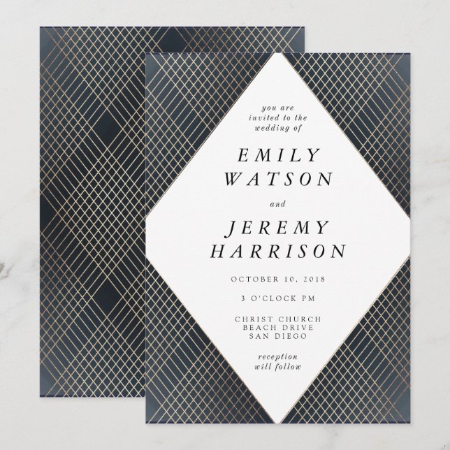 Diamond Geometric Navy Deko Gold Gatsby Wedding Einladung (Vorne/Hinten)