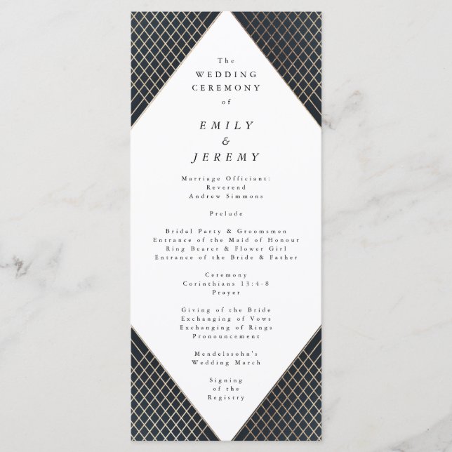Diamond Geometric Navy Gold Gatsby Wedding Programm (Vorderseite)