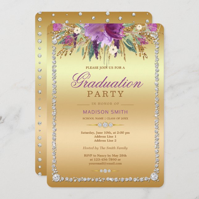 Diamond Glitter Watercolor Flowers Gold Grad Party Einladung (Vorne/Hinten)