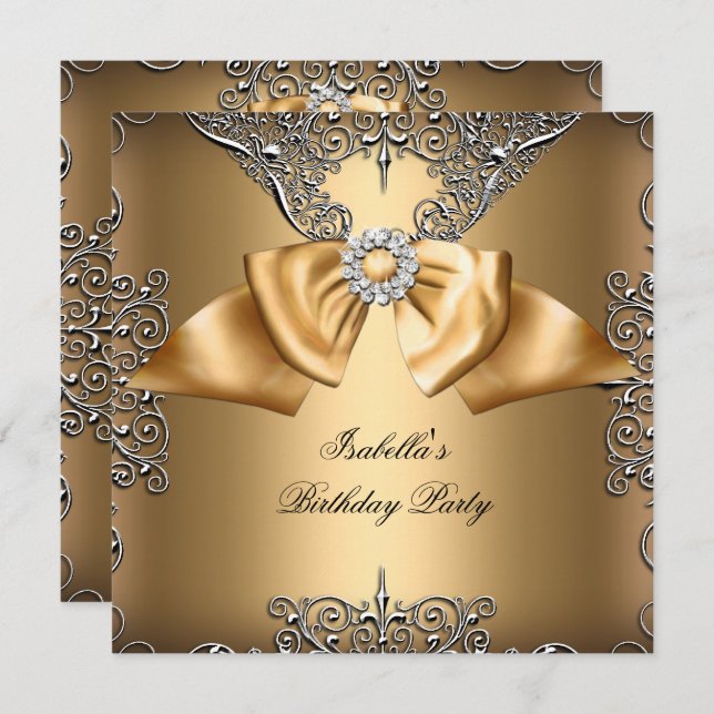 Diamond Gold Beige Bow Silver Elegant Geburtstag Einladung (Vorne/Hinten)