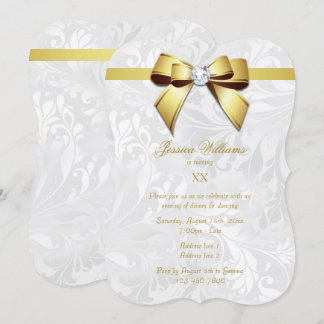 Diamond Gold Bow, Ribbon & Damask Geburtstagsparty Einladung