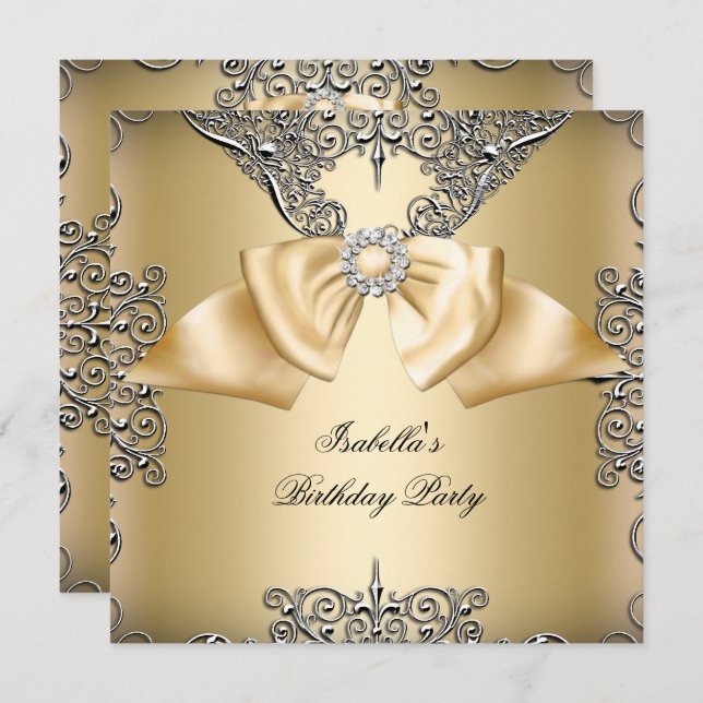 Diamond Gold Cream Bow Silver Elegante Geburtstag Einladung (Vorne/Hinten)