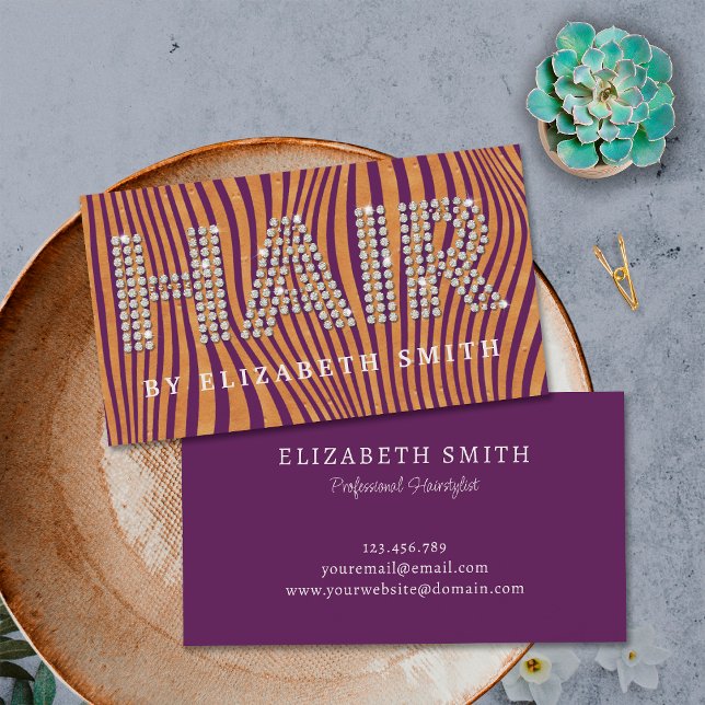 Diamond Gold Plum Lila Friseur Friseur Stylist Visitenkarte (Front and Back)