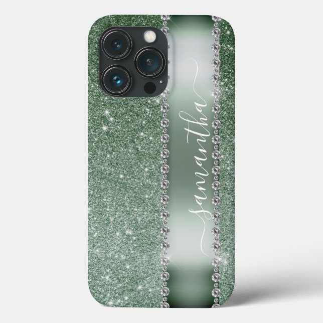 Diamond Green Glitzer Calligraphy Monogram Name Case-Mate iPhone Hülle (Rückseite)