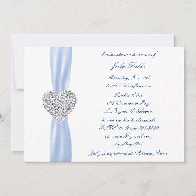 Diamond Heart Blue Wedding Brautparty Einladung (Vorderseite)