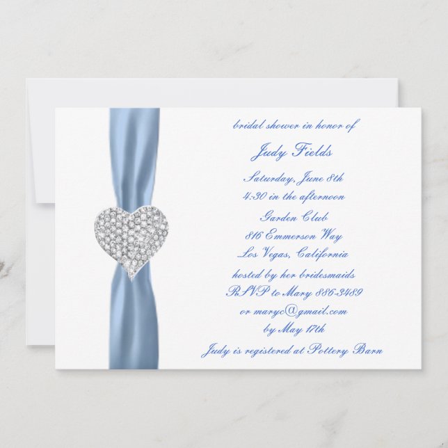 Diamond Heart Blue Wedding Brautparty Einladung (Vorderseite)