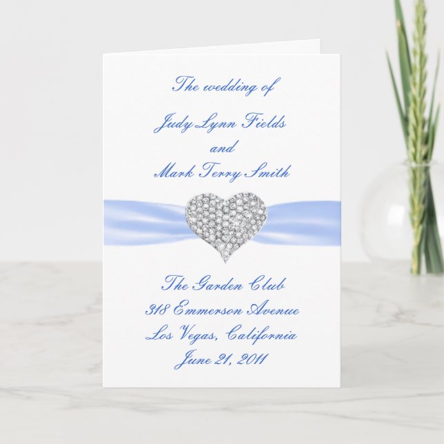 Diamond Heart Blue Wedding Program Card Programm (Vorderseite)