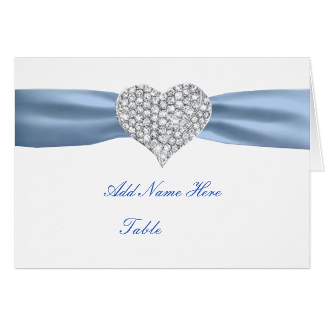 Diamond Heart Blue Wedding Table Platzkarte (Vorderseite (Horizontal))