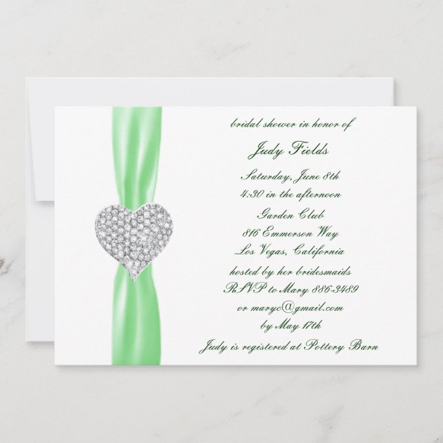 Diamond Heart Green Wedding Brautparty Einladung (Vorderseite)