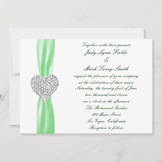 Diamond Heart Green Wedding Einladung (Vorderseite)
