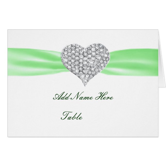 Diamond Heart Green Wedding Table Platzkarte (Vorderseite (Horizontal))