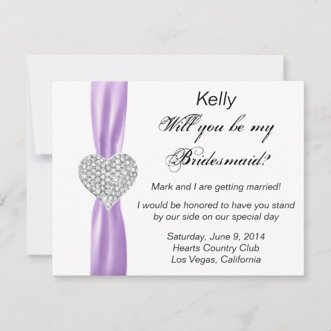 Diamond Heart Lila Wedding Bridesmaid Card Einladung (Vorderseite)