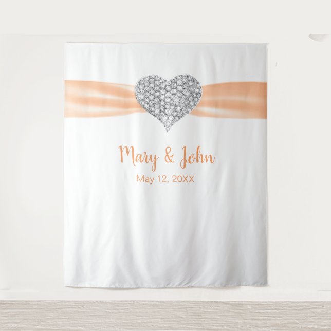 Diamond Heart Orange Ribbon Wedding Background Wandteppich (Vorderseite)