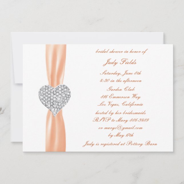 Diamond Heart Orange Wedding Brautparty Einladung (Vorderseite)
