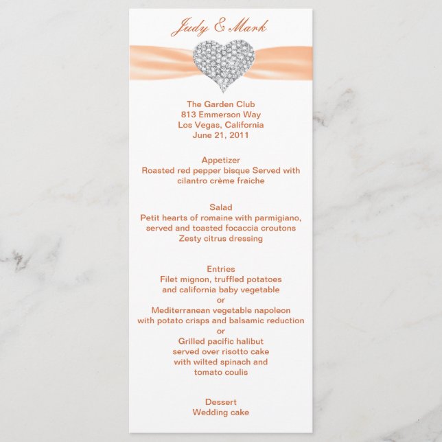 Diamond Heart Orange Wedding Menu Card Menükarte (Vorderseite)