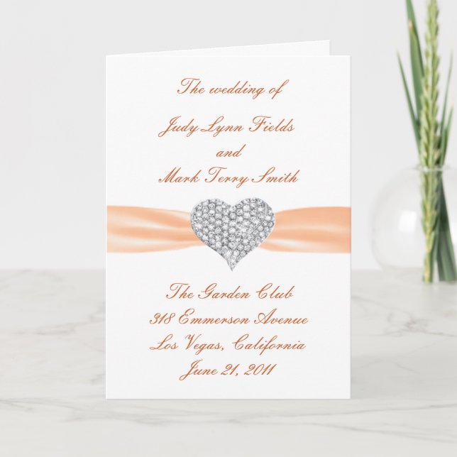 Diamond Heart Orange Wedding Program Card Programm (Vorderseite)