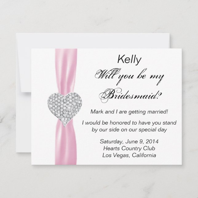 Diamond Heart Pink Wedding Bridesmaid Card Einladung (Vorderseite)
