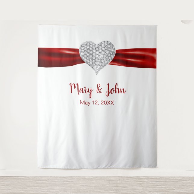 Diamond Heart Red Ribbon Wedding Background Wandteppich (Vorderseite)