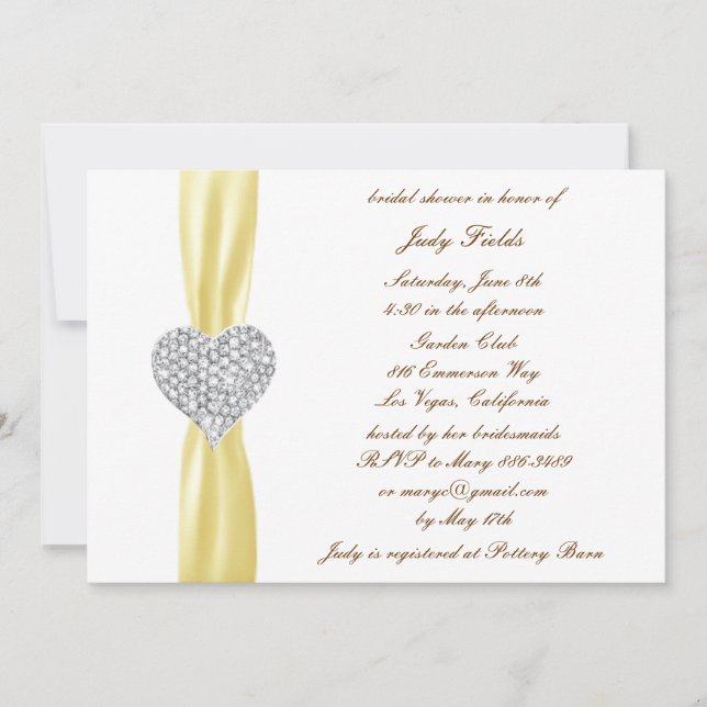 Diamond Heart Yellow Wedding Brautparty Einladung (Vorderseite)