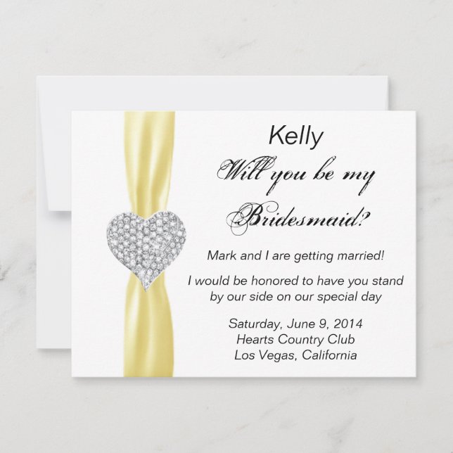 Diamond Heart Yellow Wedding Bridesmaid Card Einladung (Vorderseite)