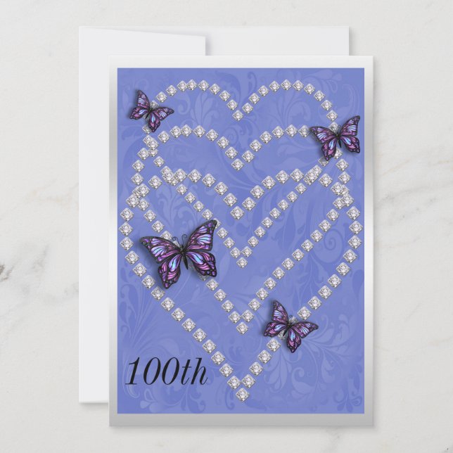 Diamond Hearts & Butterflies 100. Geburtstag Einladung (Vorderseite)