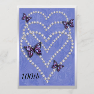 Diamond Hearts & Butterflies 100. Geburtstag Einladung