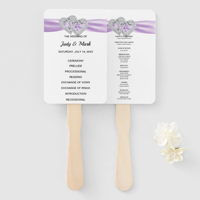 Diamond Hearts Lila Wedding Program Fans Fächer (Vorne und Hinten)