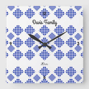 Diamond Karo Blue White Quadratische Wanduhr