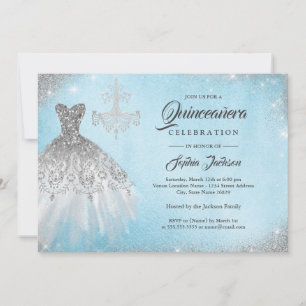 Diamond Lace Gown Silver Blue Quinceanera Einladung