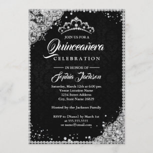 Diamond Lace Sparkle Black Silver Quinceanera Einladung