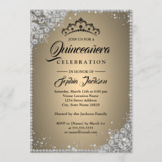 Diamond Lace Sparkle Gold Silver Quinceanera Einladung