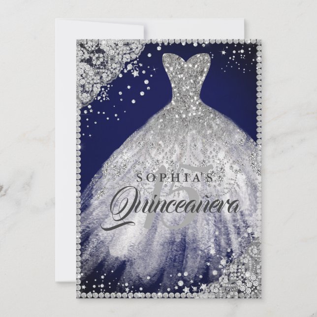 Diamond Lace Sparkle Gown Navy Quinceanera Einladung (Vorderseite)