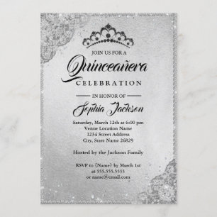Diamond Lace Sparkle Silver Quinceanera Einladung