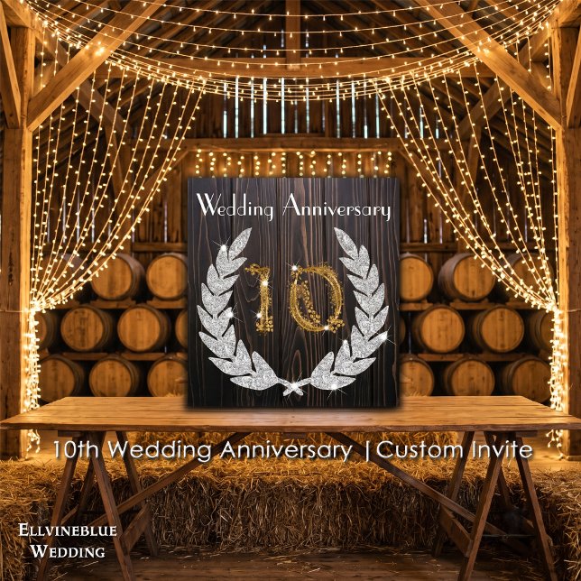Diamond Laurel & Gold 10. Hochzeitstag Einladung (10th Wedding Anniversary Invite | Rustic Wood & Diamond Laurel. Size: 5.25” x 5.25”)
