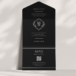 Diamond Monogram Floral Black Wedding All in One Einladung