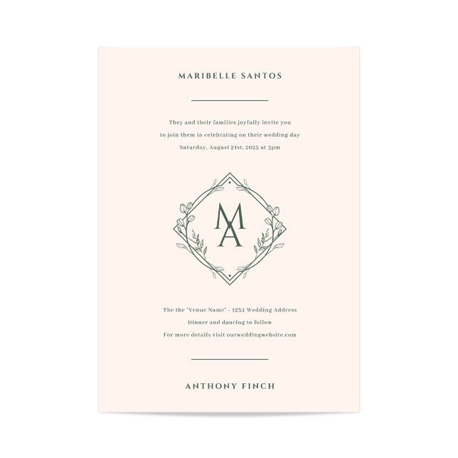 Diamond Monogram mit Blume Evergreen Wedding Einladung (Diamond Monogram Wedding Invitation in Sage Green and Ivory)