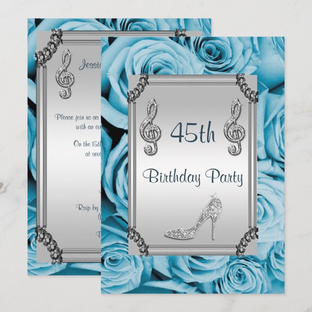 Diamond Musiknote, Stiletto & Blue Rose 45. Einladung (Vorne/Hinten)