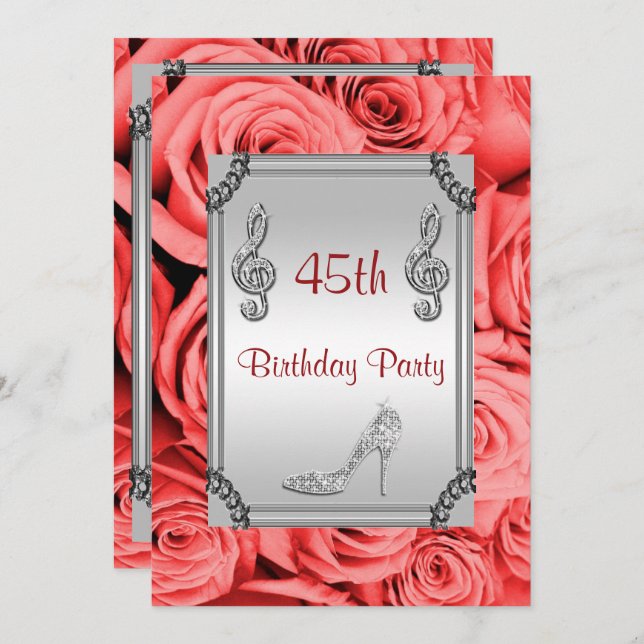 Diamond Musiknote, Stiletto & Rote Rosen 45. Einladung (Vorne/Hinten)