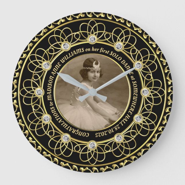 Diamond Numbers Foto Gold Gedenkstein Schwarz Große Wanduhr (Vorderseite)