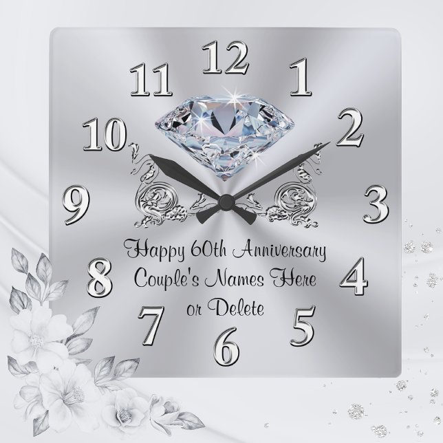 Diamond Personalisiert 60 Jahre Jubiläum Geschenke Quadratische Wanduhr (Personalized 60th Anniversary Gifts for Friends, Parents, Family. Diamond Wedding Anniversary Clock.)
