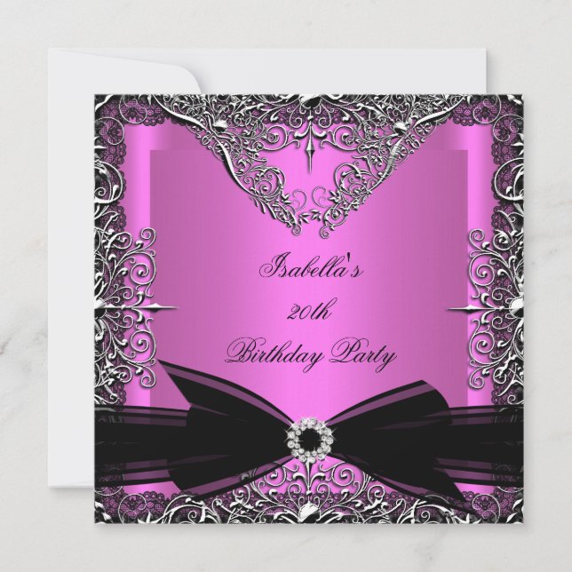 Diamond Pink Black Bow Silver Birthday Party Einladung (Vorderseite)
