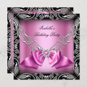 Diamond Pink Bow Silver Black Birthday Party Einladung